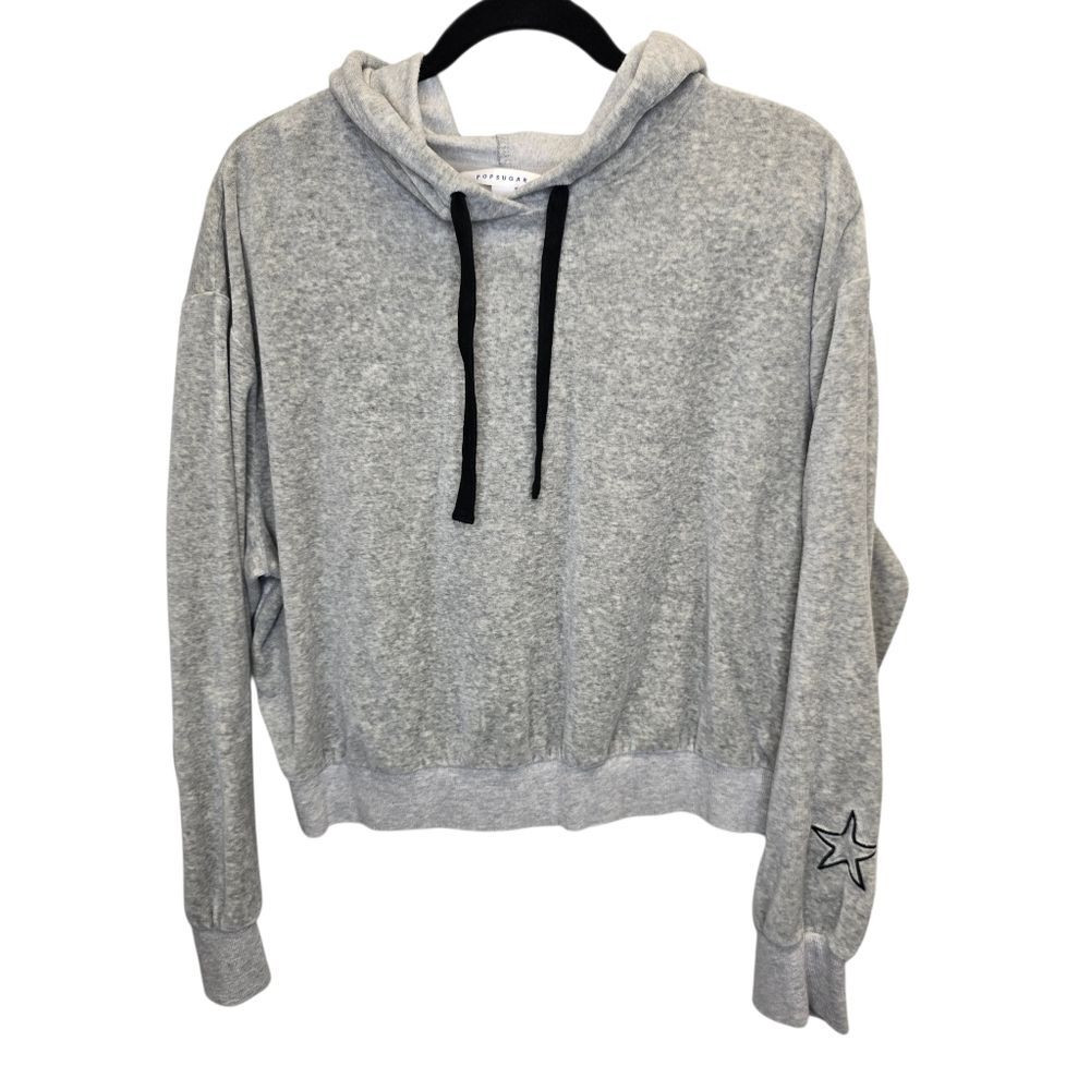 Popsugar Women's XL Gray Velour Star Detail Cropped Pullover Hoodie